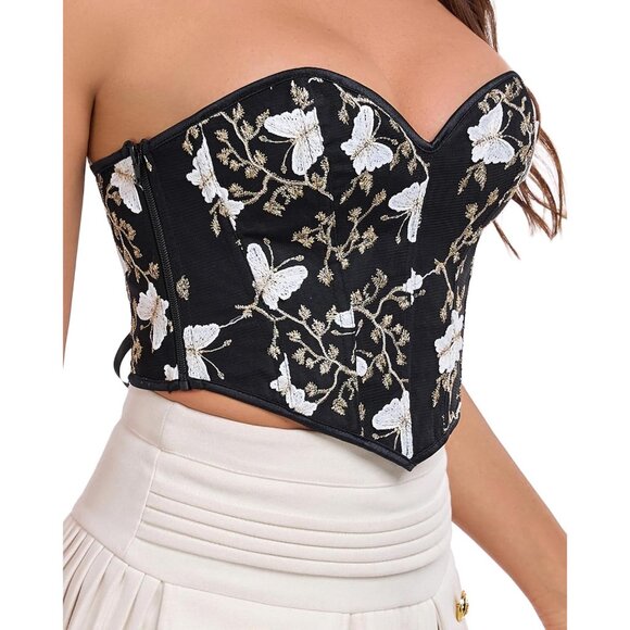 Women Black Floral Lace Up Boned Overbust Corset Top Bustier Lingerie Bodysuit - Picture 5 of 6